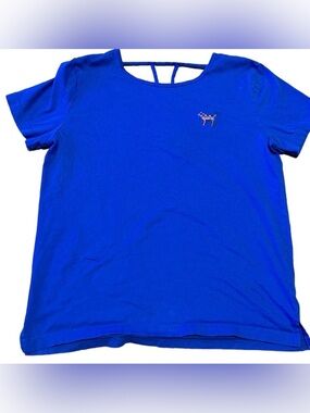 VS PINK Royal Blue Campus Tee L Strappy Cutout Back Patriotic Flag Dog Logo